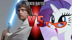 Size: 750x421 | Tagged: safe, banned from derpibooru, deleted from derpibooru, derpibooru import, edit, editor:mega-poneo, rarity, human, crossover, death battle, exploitable meme, glasses, lightsaber, luke skywalker, meme, star wars, weapon