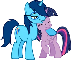 Size: 4939x4151 | Tagged: safe, artist:smcho1014, banned from derpibooru, deleted from derpibooru, derpibooru import, twilight sparkle, twilight sparkle (alicorn), oc, oc:wild sketchy, alicorn, pony, unicorn, absurd resolution, duo, eyes closed, glasses, hug, simple background, transparent background, vector