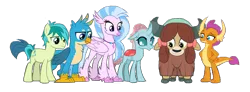 Size: 1024x375 | Tagged: safe, artist:venjix5, banned from derpibooru, deleted from derpibooru, derpibooru import, gallus, ocellus, sandbar, silverstream, smolder, yona, changedling, changeling, classical hippogriff, dragon, earth pony, gryphon, hippogriff, pony, yak, season 8, spoiler:s08, hands on hip, jewelry, necklace, simple background, transparent background, vector