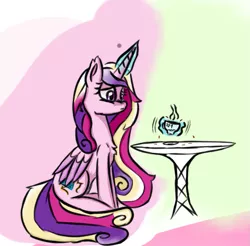 Size: 641x630 | Tagged: safe, artist:fezan, banned from derpibooru, deleted from derpibooru, derpibooru import, princess cadance, alicorn, pony, abstract background, cup, magic, solo, teacup, telekinesis