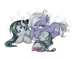 Size: 1050x840 | Tagged: safe, artist:jumblehorse, banned from derpibooru, deleted from derpibooru, derpibooru import, limestone pie, marble pie, butterfly, earth pony, pony, chromatic aberration, duo, female, looking at you, lying down, mare, siblings, sisters, unshorn fetlocks