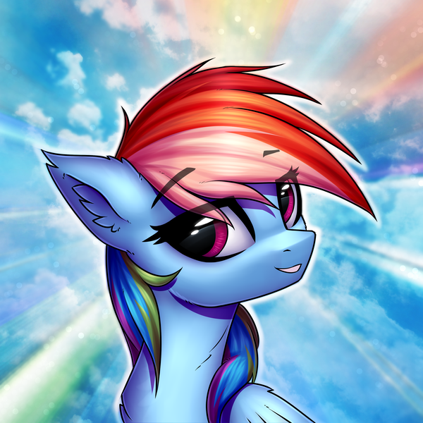 Size: 3000x3000 | Tagged: safe, artist:conniethecasanova, artist:setharu, banned from derpibooru, deleted from derpibooru, derpibooru import, edit, rainbow dash, pegasus, pony, ear fluff, female, looking at you, mare, smiling, solo