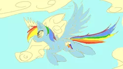 Size: 497x280 | Tagged: safe, artist:twilightrider, banned from derpibooru, deleted from derpibooru, derpibooru import, rainbow dash, pegasus, pony, blue sky, cloud, female, flying, fun, funl, happy, mane, mare, sky, solo, wings