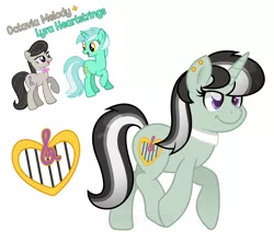 Size: 1818x1614 | Tagged: safe, artist:stephanoodle, banned from derpibooru, deleted from derpibooru, derpibooru import, lyra heartstrings, octavia melody, earth pony, pony, unicorn, ear piercing, earring, fusion, jewelry, piercing, simple background, smiling, white background