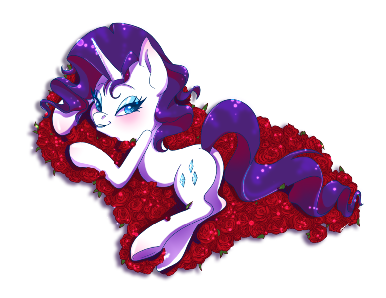 Size: 3300x2550 | Tagged: suggestive, artist:xxcommandershepardxx, banned from derpibooru, deleted from derpibooru, derpibooru import, rarity, pony, unicorn, bed of roses, blushing, butt, female, flower, looking at you, looking back, mare, plot, simple background, smiling, transparent background