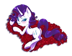 Size: 3300x2550 | Tagged: suggestive, artist:xxcommandershepardxx, banned from derpibooru, deleted from derpibooru, derpibooru import, rarity, pony, unicorn, bed of roses, blushing, butt, female, flower, looking at you, looking back, mare, plot, simple background, smiling, transparent background