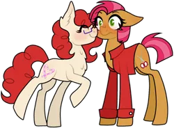 Size: 1024x755 | Tagged: safe, artist:stuffimadeonpaint, banned from derpibooru, deleted from derpibooru, derpibooru import, babs seed, twist, earth pony, pony, babstwist, blushing, clothes, female, glasses, kissing, lesbian, mare, older, older babs seed, older twist, shipping, shirt, simple background, transparent background