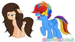 Size: 1216x690 | Tagged: safe, artist:diamond-chiva, artist:gamingthunder, banned from derpibooru, deleted from derpibooru, derpibooru import, oc, oc:artistic melody, oc:rainbowblazie, unofficial characters only, alicorn, pegasus, pony, alicorn oc, base used, female, horn, male, mare, multicolored hair, rainbow hair, raised hoof, simple background, stallion, transparent background, wings