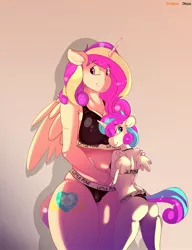 Size: 1575x2048 | Tagged: suggestive, artist:dragk, banned from derpibooru, deleted from derpibooru, derpibooru import, princess cadance, princess flurry heart, alicorn, anthro, barely legal, breasts, busty princess cadance, clothes, cutie mark, female, horn, hug, milf, mother and child, mother and daughter, older, smiling, sports bra, sports outfit, wings, young