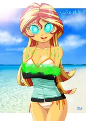 Size: 2894x4093 | Tagged: suggestive, artist:uotapo, banned from derpibooru, deleted from derpibooru, derpibooru import, edit, sunset shimmer, changeling, equestria girls, adorasexy, bikini, breasts, busty sunset shimmer, clothes, cute, disguise, disguised changeling, fire, glowing eyes, green fire, sexy, swimsuit, transformation