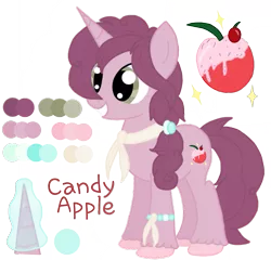 Size: 911x876 | Tagged: safe, artist:xoradoodles, banned from derpibooru, deleted from derpibooru, derpibooru import, oc, oc:candy apple, unofficial characters only, pony, unicorn, female, mare, offspring, parent:big macintosh, parent:sugar belle, parents:sugarmac, reference sheet, simple background, solo, transparent background