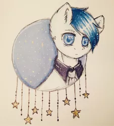 Size: 1080x1193 | Tagged: safe, artist:einzie, banned from derpibooru, deleted from derpibooru, derpibooru import, oc, unofficial characters only, bust, clothes, marker drawing, necktie, photo, portrait, solo, stars, suit, traditional art