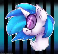 Size: 2333x2160 | Tagged: safe, artist:shibaroll, banned from derpibooru, deleted from derpibooru, derpibooru import, vinyl scratch, pony, unicorn, background pony, bust, female, image, png, portrait, smiling, solo, sunglasses