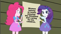 Size: 800x450 | Tagged: safe, banned from derpibooru, deleted from derpibooru, derpibooru import, edit, edited screencap, screencap, pinkie pie, rarity, equestria girls, equestria girls (movie), downvote bait, duo, mouthpiece, op isn't even trying anymore, sexism, text, zimbabwe