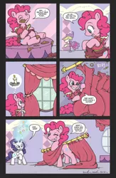 Size: 1040x1600 | Tagged: safe, artist:katiecandraw, artist:katie cook, banned from derpibooru, deleted from derpibooru, derpibooru import, idw, pinkie pie, rarity, spoiler:comic, clothes, curtains, dress, food, ice cream, idw comic issue 1, idw official comic: issue 1