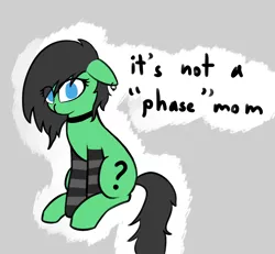 Size: 3250x3000 | Tagged: safe, artist:shepardinthesky, banned from derpibooru, deleted from derpibooru, derpibooru import, oc, oc:anonfilly, unofficial characters only, choker, clothes, dialogue, ear piercing, emo, eye clipping through hair, female, filly, floppy ears, gray background, it's a phase, it's not a phase, looking at you, piercing, simple background, sitting, socks, solo, striped socks, talking, white background
