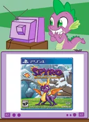 Size: 520x716 | Tagged: safe, banned from derpibooru, deleted from derpibooru, derpibooru import, spike, dragon, box art, excited, exploitable meme, meme, obligatory pony, playstation 4, spyro the dragon, tv meme, video game