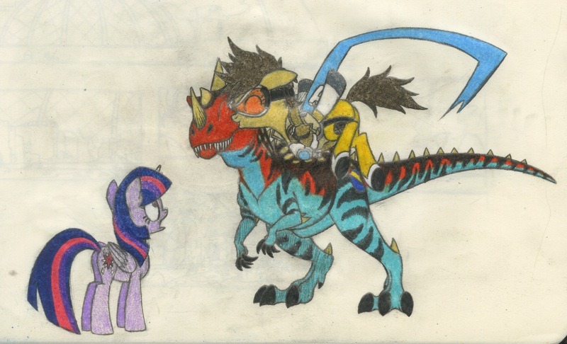 Size: 2222x1351 | Tagged: safe, artist:smcho1014, banned from derpibooru, deleted from derpibooru, derpibooru import, twilight sparkle, twilight sparkle (alicorn), oc, oc:wild sketchy, alicorn, dinosaur, earth pony, pony, ceratosaurus, claws, colored pencil drawing, crossover, female, jurassic park, kiss on the cheek, kissing, male, mare, overwatch, shocked, tracer, traditional art