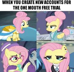 Size: 731x711 | Tagged: safe, banned from derpibooru, deleted from derpibooru, derpibooru import, edit, edited screencap, screencap, fluttershy, fake it 'til you make it, alternate hairstyle, fluttergoth, hipstershy, meme, misspelling, severeshy