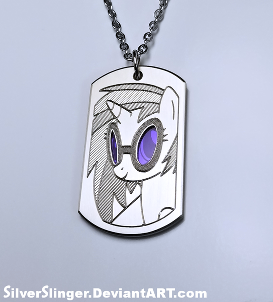 Size: 760x840 | Tagged: safe, artist:silverslinger, banned from derpibooru, deleted from derpibooru, derpibooru import, vinyl scratch, craft, dog tags, irl, jewelry, necklace, pendant, photo, solo, sunglasses