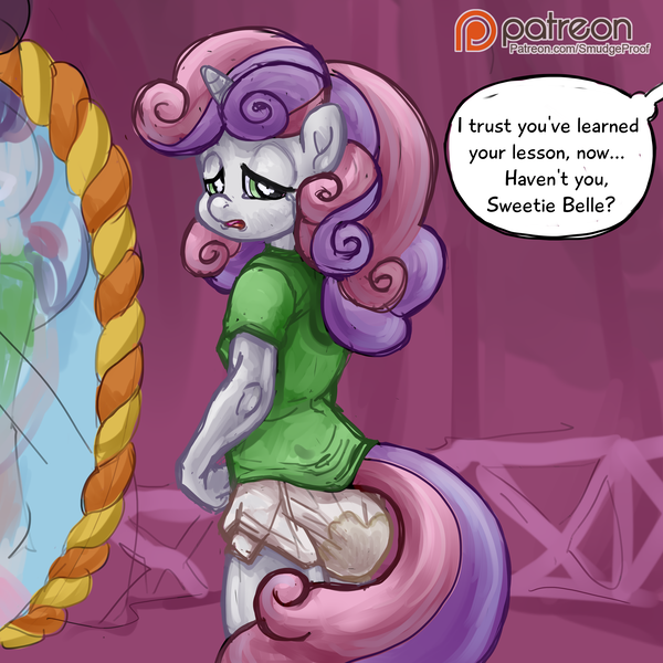 Size: 5000x5000 | Tagged: questionable, artist:smudge proof, banned from derpibooru, deleted from derpibooru, derpibooru import, sweetie belle, anthro, absurd resolution, bathroom denial, carousel boutique, clothes, cruel, crying, dialogue, diaper, diaper fetish, diaper punishment, female, fetish, full diaper, humiliation, image, implied rarity, messy diaper, mirror, no pants, offscreen character, patreon, patreon logo, png, poop, poopy diaper, punishment, sad, teeshirt, urine, wet diaper