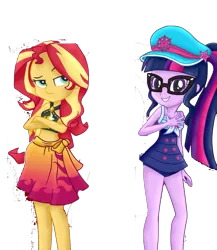 Size: 832x960 | Tagged: safe, artist:liniitadash23, banned from derpibooru, deleted from derpibooru, derpibooru import, edit, editor:superbobiann, sci-twi, sunset shimmer, twilight sparkle, equestria girls, equestria girls series, clothes, crossed arms, female, lesbian, scitwishimmer, shipping, simple background, smiling, smirk, sunsetsparkle, swimsuit, transparent background