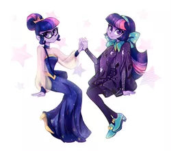 Size: 1020x900 | Tagged: safe, artist:jumblehorse, banned from derpibooru, deleted from derpibooru, derpibooru import, sci-twi, twilight sparkle, equestria girls, legend of everfree, suited for success, clothes, cute, dress, duality, female, glasses, high heels, holding hands, looking at you, pantyhose, self ponidox, shoes, simple background, smiling, stars, twiabetes, twolight, white background