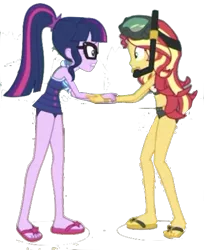Size: 440x539 | Tagged: safe, banned from derpibooru, deleted from derpibooru, derpibooru import, editor:superbobiann, sci-twi, sunset shimmer, twilight sparkle, equestria girls, equestria girls series, unsolved selfie mysteries, clothes, feet, simple background, swimsuit, transparent background