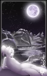 Size: 1500x2400 | Tagged: safe, artist:lilith, banned from derpibooru, deleted from derpibooru, derpibooru import, oc, oc:morphine cloud, unofficial characters only, changeling, disguise, female, monochrome, moon, snow solace, solo, waterfall