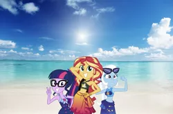 Size: 2048x1359 | Tagged: safe, banned from derpibooru, deleted from derpibooru, derpibooru import, editor:superbobiann, sci-twi, sunset shimmer, trixie, twilight sparkle, equestria girls, equestria girls series, forgotten friendship, beach, clothes, equestria girls in real life, horizon, image, jpeg, magical trio, photo, sarong, sun, sunglasses, sunshine shimmer, swimsuit