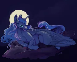 Size: 1512x1224 | Tagged: safe, artist:eiinhornis, artist:slimeprnicess, banned from derpibooru, deleted from derpibooru, derpibooru import, princess luna, alicorn, pony, cloud, female, full moon, image, looking at you, lying down, lying on a cloud, mare, milky way galaxy, moon, night, night sky, on a cloud, png, prone, signature, sky, solo, spread wings, starry night, wings