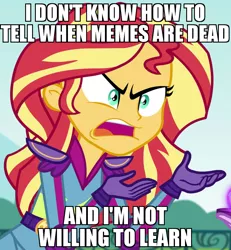 Size: 799x864 | Tagged: safe, banned from derpibooru, deleted from derpibooru, derpibooru import, sunset shimmer, equestria girls, friendship games, caption, exploitable meme, image macro, meme, sunset is not willing to learn, text