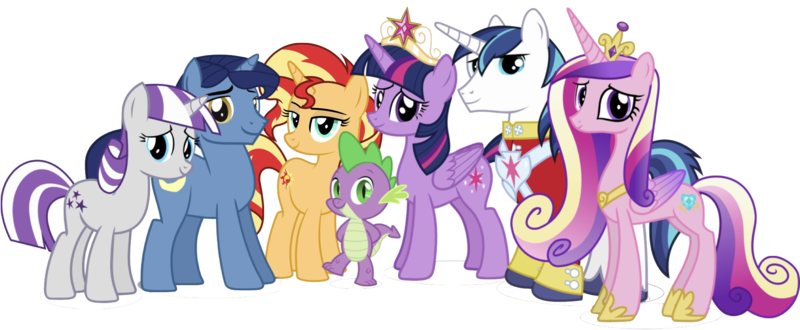 Size: 2048x846 | Tagged: artist needed, safe, banned from derpibooru, deleted from derpibooru, derpibooru import, editor:superbobiann, night light, princess cadance, shining armor, spike, sunset shimmer, twilight sparkle, twilight velvet, alicorn, big crown thingy, element of magic, family, jewelry, regalia, simple background, sparkle family, spike's family, transparent background, twilight's parents, twilight sparkle (alicorn)