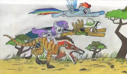 Size: 2334x1352 | Tagged: safe, artist:smcho1014, banned from derpibooru, deleted from derpibooru, derpibooru import, daring do, rainbow dash, sweetie belle, oc, oc:wild sketchy, pegasus, pony, unicorn, acacia tree, andrewsarchus, bit, colored pencil drawing, female, filly, flying, foal, male, mare, open mouth, riding, running, savanna, tack, traditional art, tree