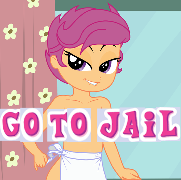 Size: 805x800 | Tagged: artist needed, source needed, questionable, artist:phucknuckl, banned from derpibooru, deleted from derpibooru, derpibooru import, edit, scootaloo, equestria girls, apron, caption, clothes, expand dong, exploitable meme, image macro, jailbait, lip bite, meme, naked apron, partial nudity, text, topless