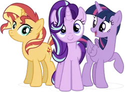 Size: 1229x910 | Tagged: safe, artist:xebck, banned from derpibooru, deleted from derpibooru, derpibooru import, editor:superbobiann, starlight glimmer, sunset shimmer, trixie, twilight sparkle, twilight sparkle (alicorn), alicorn, pony, unicorn, equestria girls, spoiler:eqg specials, spoiler:s08, counterparts, female, magical quartet, magical quintet, magical trio, mare, raised hoof, simple background, transparent background, trio, trio female, twilight's counterparts