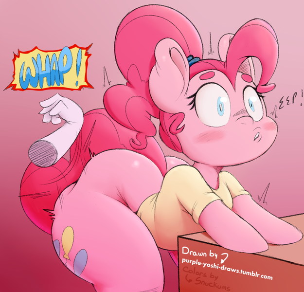 Size: 938x901 | Tagged: suggestive, artist:purple-yoshi-draws, artist:snuckums, banned from derpibooru, color edit, deleted from derpibooru, derpibooru import, edit, pinkie pie, pony, semi-anthro, alternate hairstyle, balloonbutt, bipedal, bipedal leaning, blushing, bottom heavy, bottomless, butt, clothes, collaboration, colored, disembodied hand, female, hand, leaning, partial nudity, ponytail, shirt, solo, solo female, spanking, the ass was fat, thighs, thunder thighs, wide hips