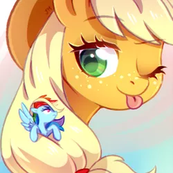 Size: 800x800 | Tagged: safe, artist:jumblehorse, banned from derpibooru, deleted from derpibooru, derpibooru import, applejack, rainbow dash, earth pony, pegasus, pony, 30 minute art challenge, :p, big-apple-pony, cowboy hat, cute, duo, female, giant pony, gradient background, hat, jackabetes, macro, mare, mlem, one eye closed, silly, size difference, stetson, tiny, tiny ponies, tongue out, wink