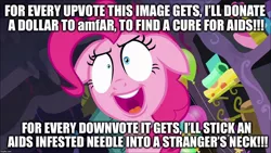 Size: 1280x720 | Tagged: semi-grimdark, banned from derpibooru, deleted from derpibooru, derpibooru import, edit, edited screencap, screencap, pinkie pie, secrets and pies, aids, caption, charity, downvote bait, hiv, image macro, meme, sexually transmitted disease, solo, text, upvote bait