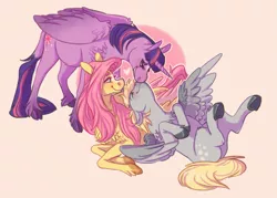 Size: 1067x764 | Tagged: safe, artist:tegechu, banned from derpibooru, deleted from derpibooru, derpibooru import, derpy hooves, fluttershy, twilight sparkle, twilight sparkle (alicorn), alicorn, pegasus, pony, boop, cloven hooves, cutie mark, derpyshy, female, heart, horn, leonine tail, lesbian, mare, noseboop, nuzzling, on back, orange background, polyamory, prone, shipping, simple background, smiling, spread wings, twerpy, twerpyshy, twishy, underhoof, unshorn fetlocks, wings