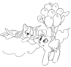 Size: 603x568 | Tagged: safe, artist:meronabar, banned from derpibooru, deleted from derpibooru, derpibooru import, pinkie pie, twilight sparkle, twilight sparkle (alicorn), alicorn, earth pony, pony, balloon, black and white, cheering up, cloud, crying, floating, grayscale, monochrome, sad, simple background, sketch, then watch her balloons lift her up to the sky, white background
