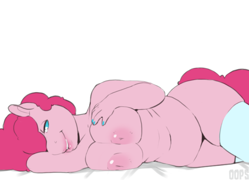 Size: 826x598 | Tagged: questionable, artist:oops, banned from derpibooru, deleted from derpibooru, derpibooru import, pinkie pie, anthro, unguligrade anthro, belly button, breasts, chubby, clothes, female, looking at you, nipples, nudity, plump, side, simple background, socks, solo, solo female, stockings, thigh highs, transparent background