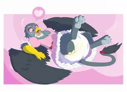 Size: 1280x934 | Tagged: suggestive, artist:bunnykisses, banned from derpibooru, deleted from derpibooru, derpibooru import, gabby, gryphon, abdl, ageplay, chest fluff, clothes, diaper, diaper fetish, dress, female, fetish, heart, heart eyes, hypnosis, hypnotized, on back, open mouth, paws, poofy diaper, solo, spread wings, swirly eyes, wingding eyes, wings