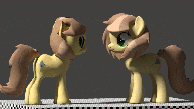 Size: 640x360 | Tagged: safe, artist:fillerartist, banned from derpibooru, deleted from derpibooru, derpibooru import, oc, oc:milly millstone, unofficial characters only, earth pony, pony, 3d, animated, blender, blender cycles, boop, creepy, curse, duo, female, looking at you, low poly, mare, self ponidox, self-boop, wat, worried