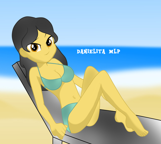 Size: 1024x913 | Tagged: suggestive, artist:danielitamlp, banned from derpibooru, deleted from derpibooru, derpibooru import, oc, oc:dany melody, equestria girls, barefoot, beach, breasts, cleavage, clothes, equestria girls-ified, feet, female, hot, looking at you, ocean, sand, sexy, sitting, solo, solo female, swimsuit