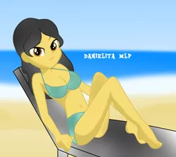 Size: 1024x913 | Tagged: suggestive, artist:danielitamlp, banned from derpibooru, deleted from derpibooru, derpibooru import, oc, oc:dany melody, equestria girls, barefoot, beach, breasts, cleavage, clothes, equestria girls-ified, feet, female, hot, looking at you, ocean, sand, sexy, sitting, solo, solo female, swimsuit