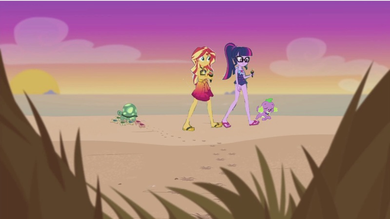 Size: 2048x1153 | Tagged: safe, artist:superbobiann, banned from derpibooru, deleted from derpibooru, derpibooru import, editor:superbobiann, screencap, sci-twi, spike, spike the regular dog, sunset shimmer, twilight sparkle, dog, aww... baby turtles, equestria girls, equestria girls series, x marks the spot, clothes, female, screen cap edit, swimsuit