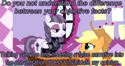 Size: 1334x706 | Tagged: safe, banned from derpibooru, deleted from derpibooru, derpibooru import, screencap, applejack, inky rose, totally legit recap, honest apple, caption, image macro, meme, text