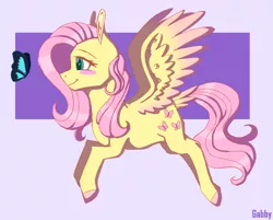 Size: 1280x1030 | Tagged: safe, artist:gabby-skies, banned from derpibooru, deleted from derpibooru, derpibooru import, fluttershy, butterfly, pegasus, pony, blushing, colored wings, colored wingtips, female, looking at something, mare, profile, smiling, solo, spread wings, wings