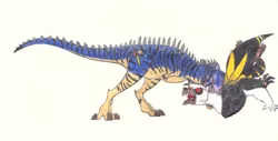 Size: 2341x1190 | Tagged: safe, artist:smcho1014, banned from derpibooru, deleted from derpibooru, derpibooru import, oc, oc:wild sketchy, bugbear, dinosaur, africa, colored pencil drawing, cretaceous, duo, fight, image, jpeg, madagascar, majungasaurus, male, mesozoic, red eyes, southern africa, traditional art